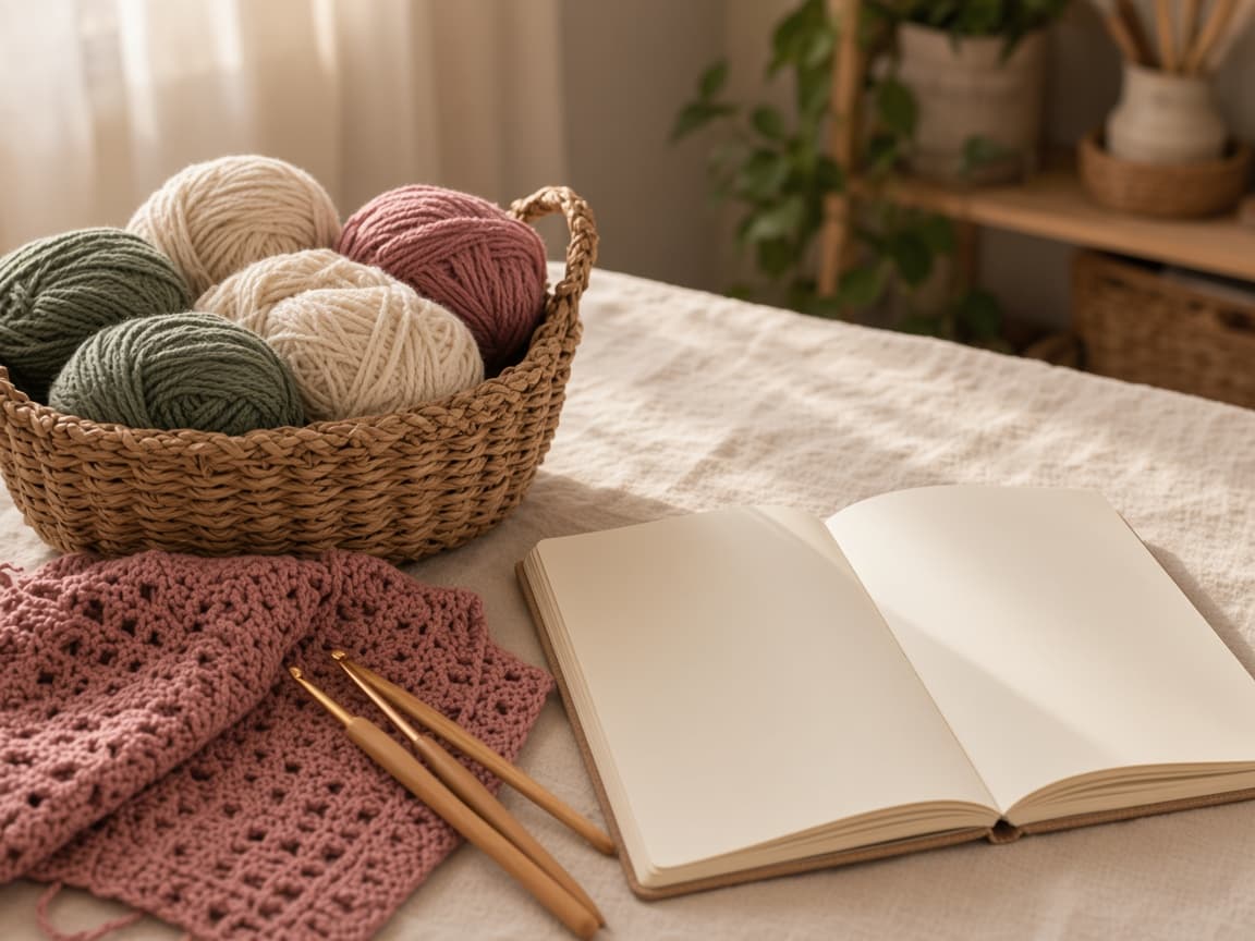 Basket of yarn, crochet hooks, fabric and an open notebook on linen
