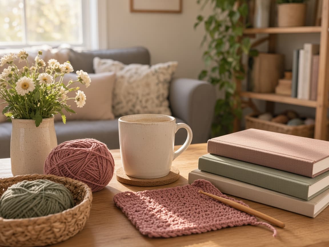 Yarn, a crochet swatch and a mug arranged on a sunlit craft table