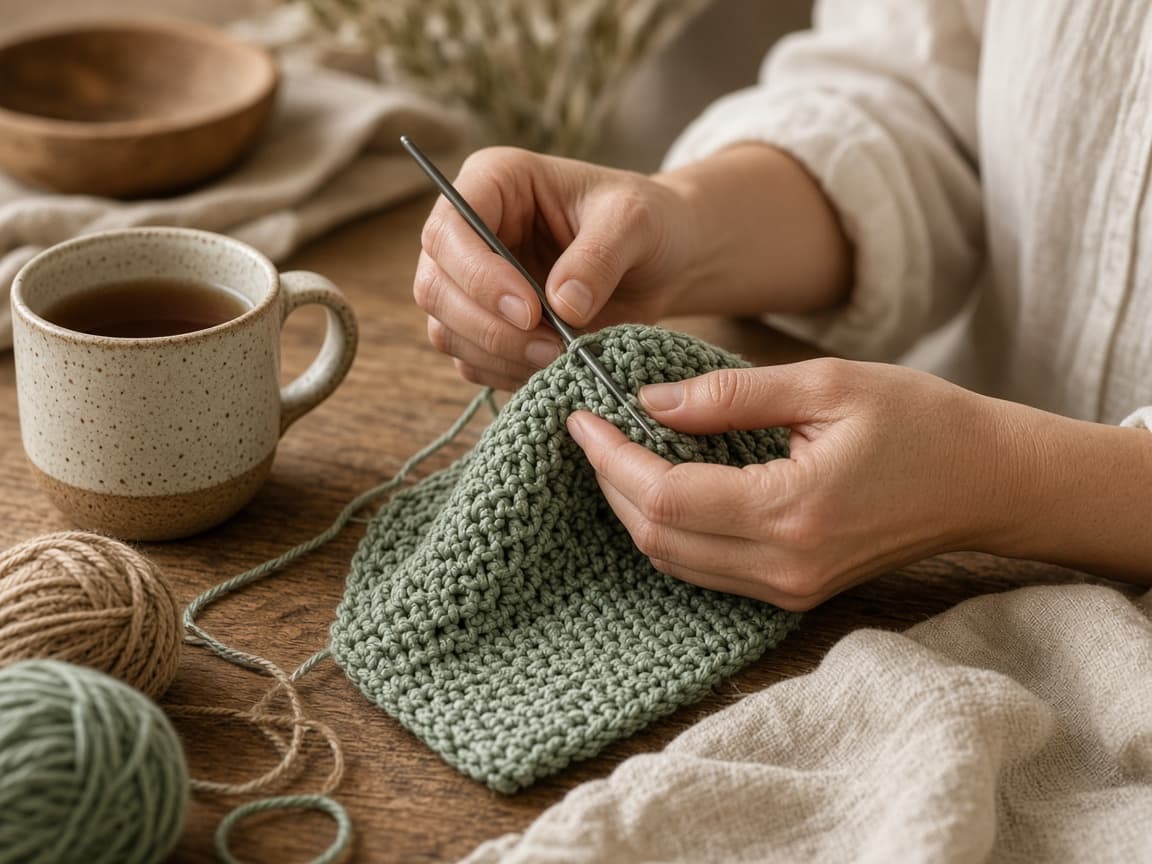 Hands crocheting a sage swatch beside yarn and a ceramic mug on a wooden table