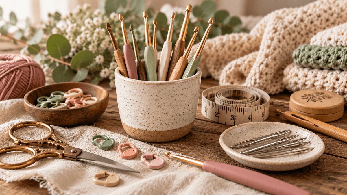 Crochet tools including hooks, scissors, stitch markers and needles