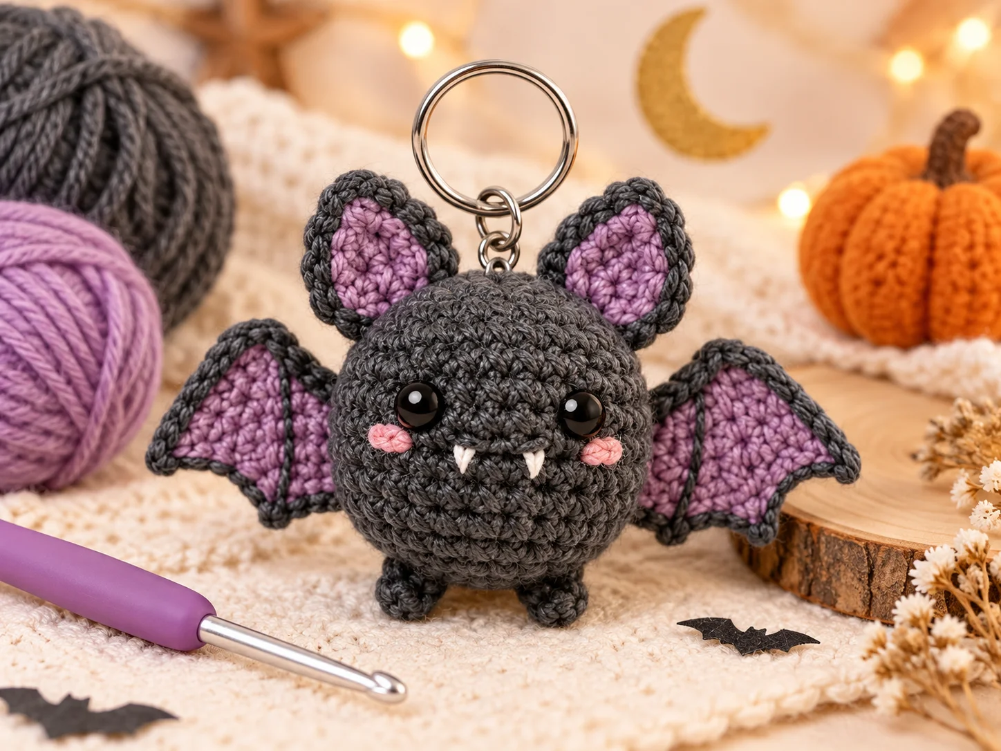 Charcoal crochet bat keychain with lavender scalloped wings, pointed layered ears, embroidered eyes, pink cheeks, white fangs and two tiny feet.