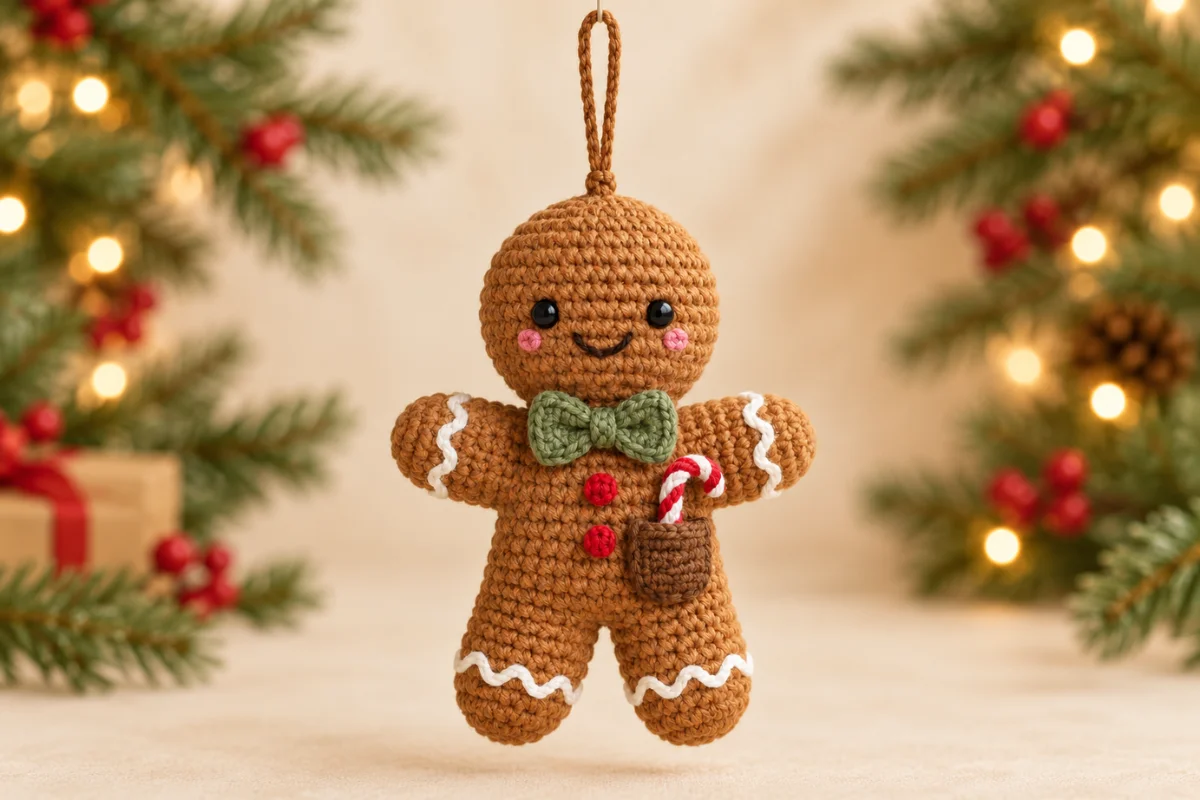 Brown crocheted gingerbread man Christmas ornament with white icing on its arms and legs, a green bow tie, red buttons, a small side pocket, embroidered smile, and hanging loop