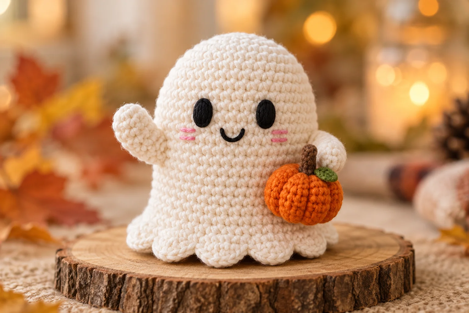 Cream crochet ghost with an embroidered smiling face, pink cheeks, two raised arms, a scalloped skirt, and a small orange pumpkin.