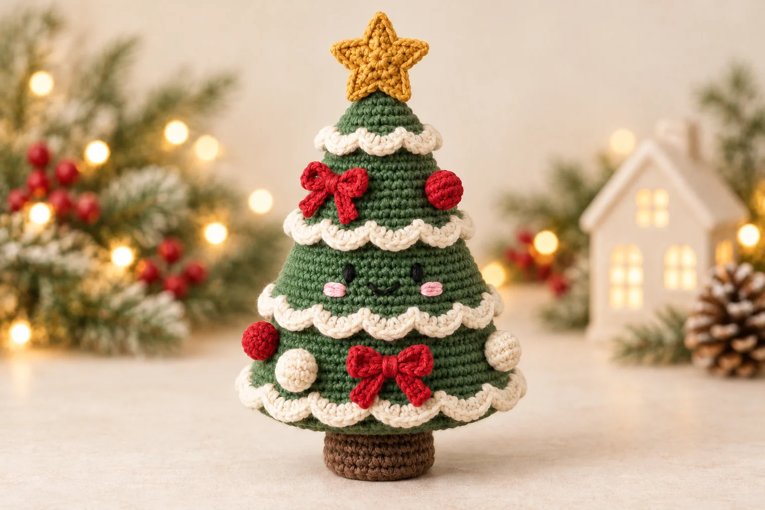 Planned view of a green crochet Christmas tree with four cream scalloped tiers, embroidered eyes and smile, a gold star, two red bows, four ornaments and a brown trunk.
